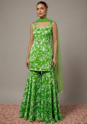 Leaf Green Floral Print Satin Sharara Set