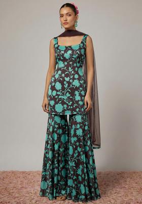 Blue Floral Print Satin Sharara Set