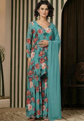 Aqua Green Floral Print Georgette Sharara Set