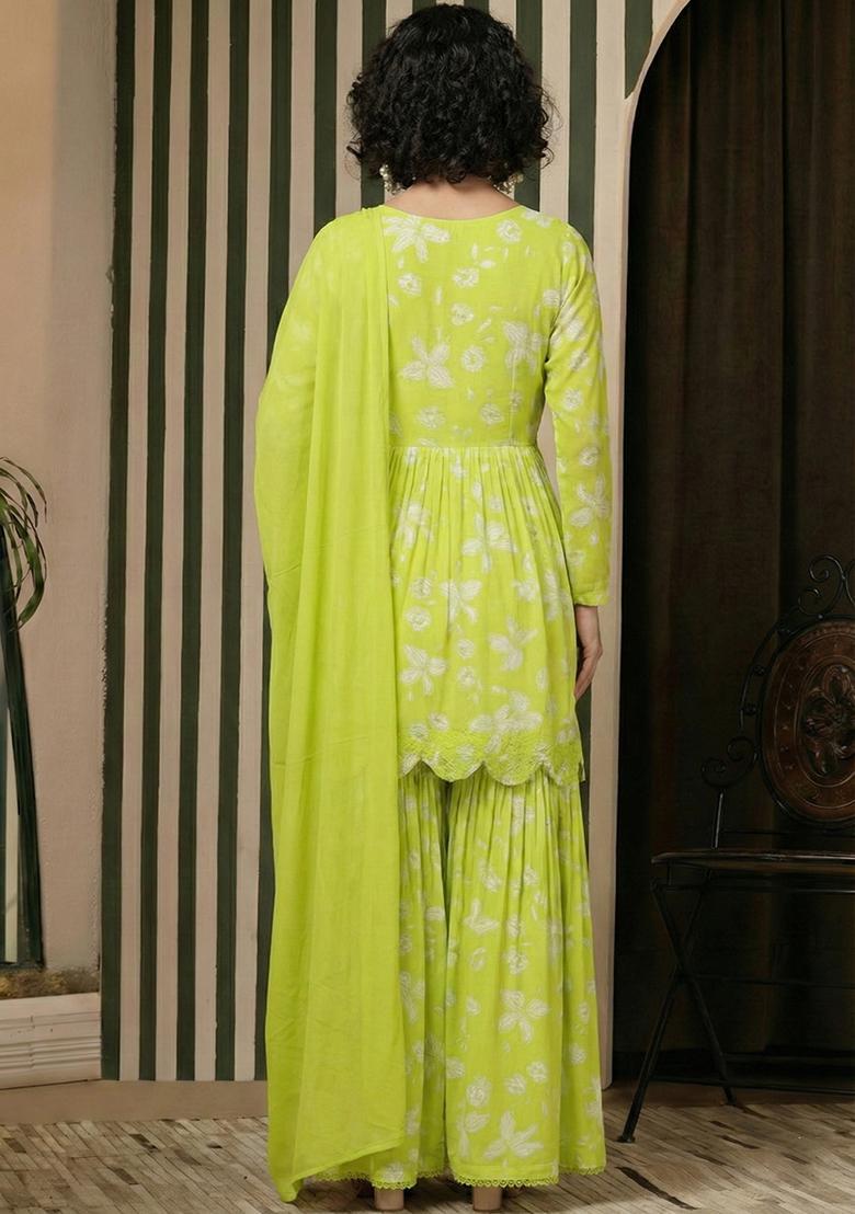 Lime Green Floral Print Georgette Sharara Set - Indya