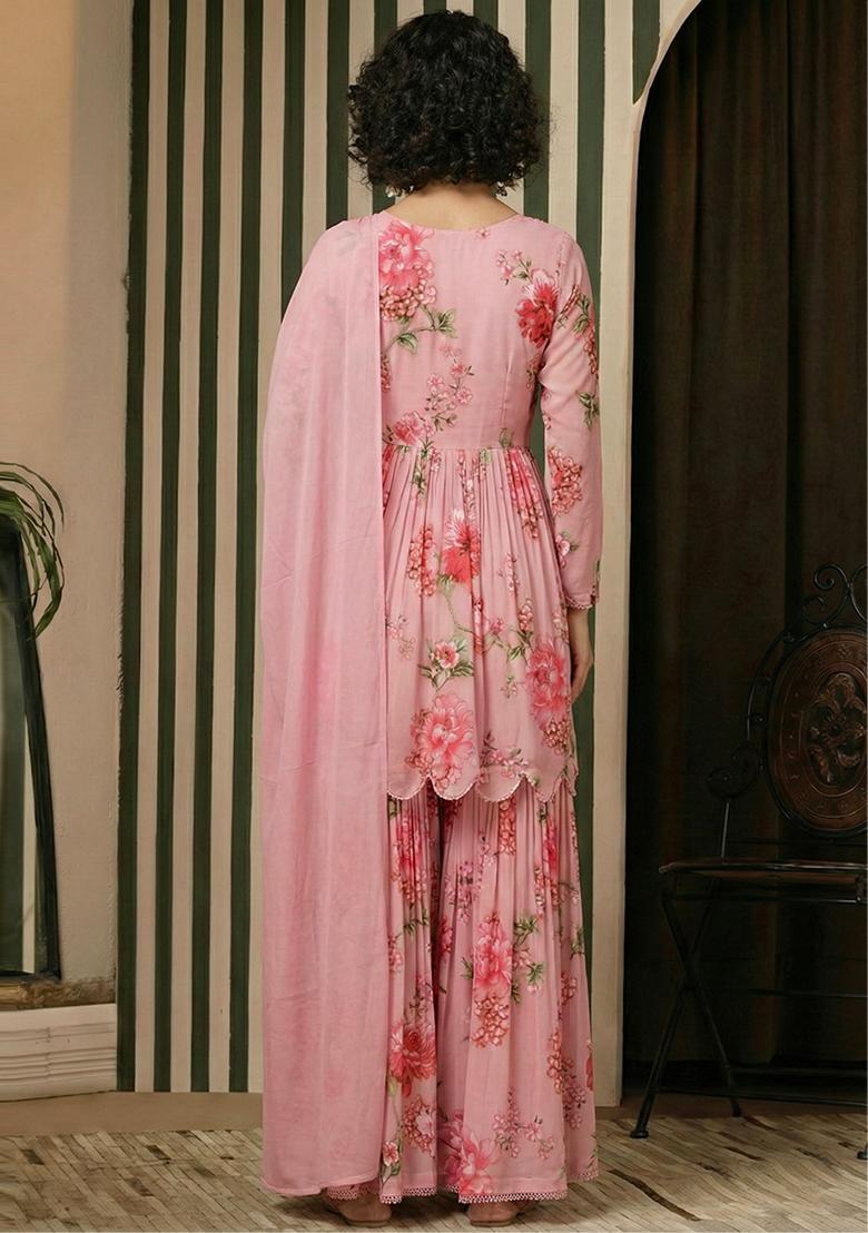 Blush Pink Floral Print Georgette Sharara Set - Indya