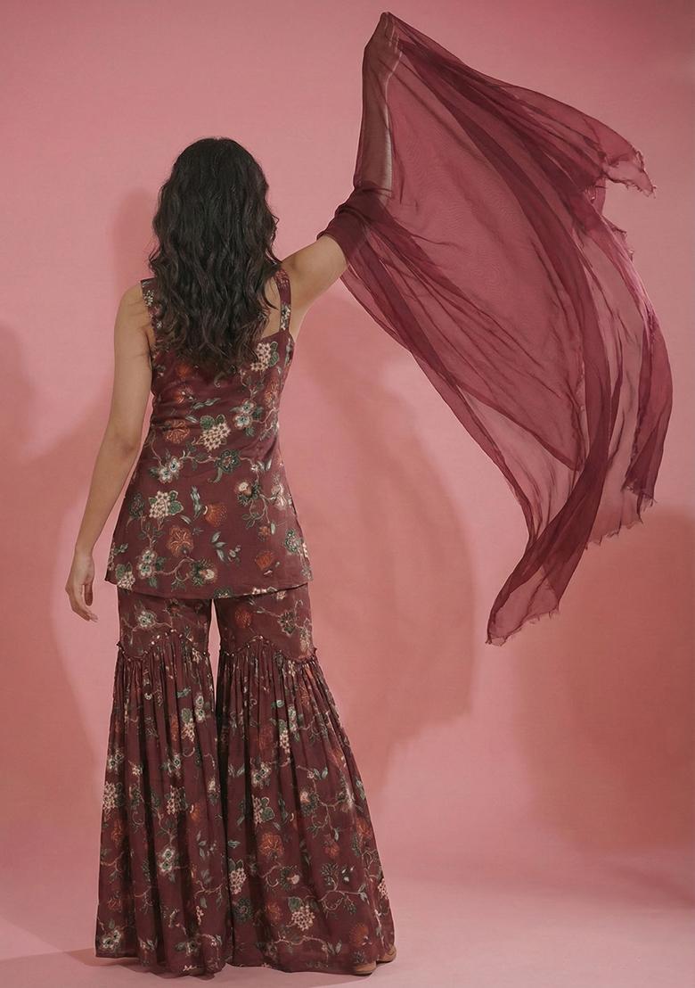 Maroon Floral Print Silk Blend Sharara Set - Indya