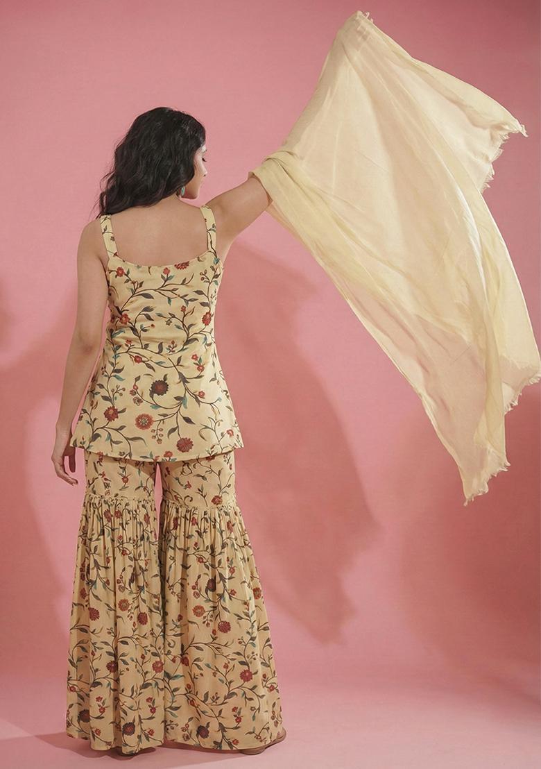 Cream Floral Print Silk Blend Sharara Set - Indya