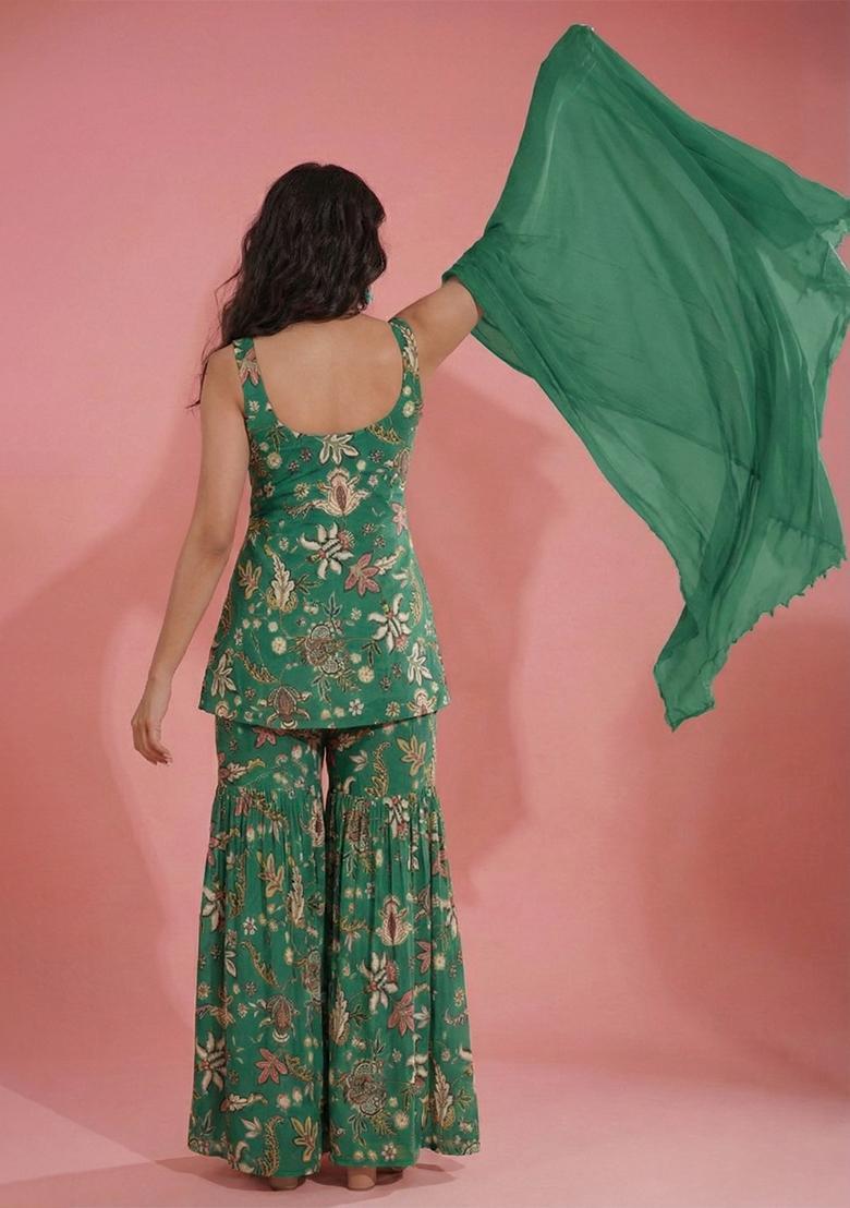 Green Floral Print Silk Blend Sharara Set - Indya