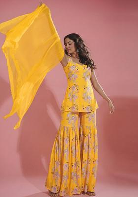 Yellow Floral Print Silk Blend Sharara Set