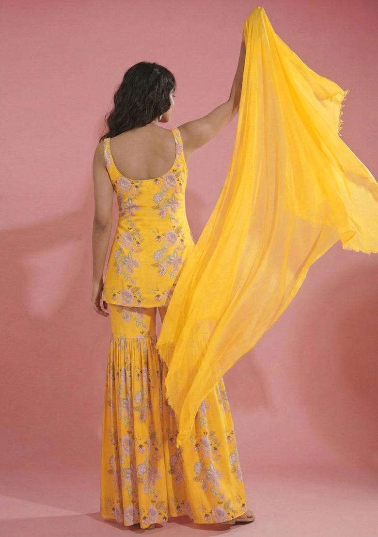 Yellow Floral Print Silk Blend Sharara Set - Indya