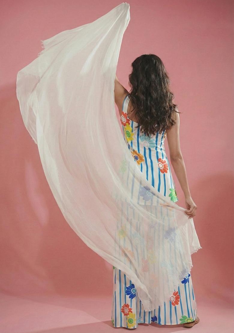 Blue Floral Print Silk Blend Sharara Set - Indya