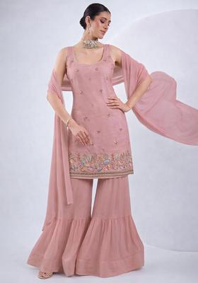 Pink Embroidered Silk Blend Sharara Set