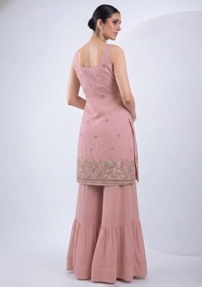 Pink Embroidered Silk Blend Sharara Set - Indya