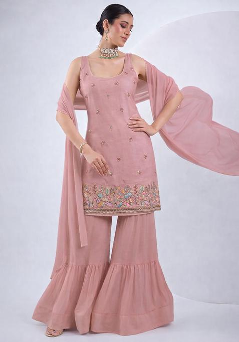 Pink Embroidered Silk Blend Sharara Set