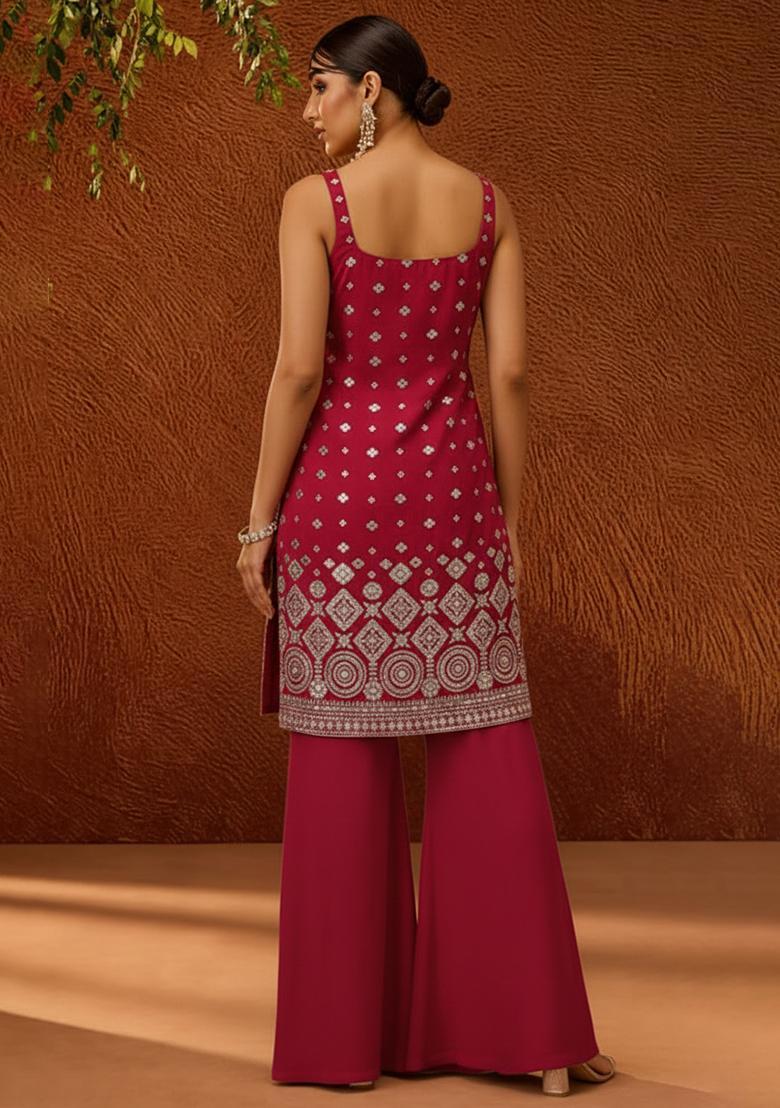 Rani Pink Embroidered Georgette Sharara Set - Indya