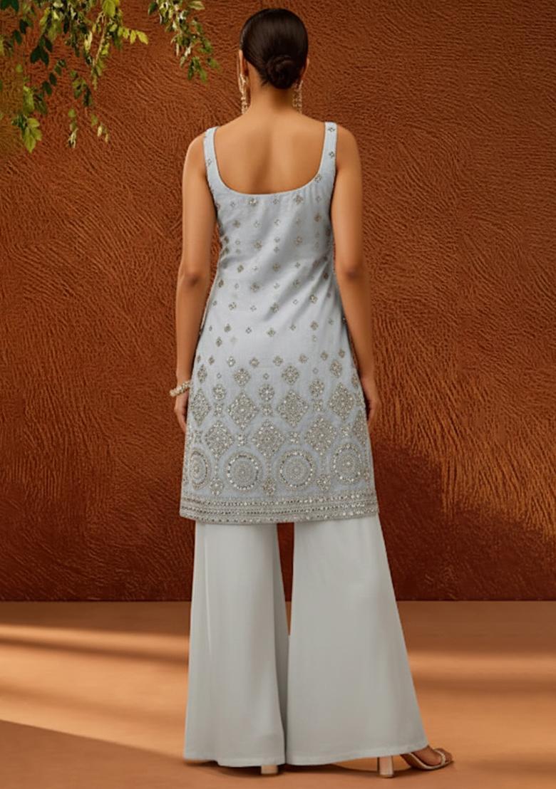 Light Grey Embroidered Georgette Sharara Set - Indya