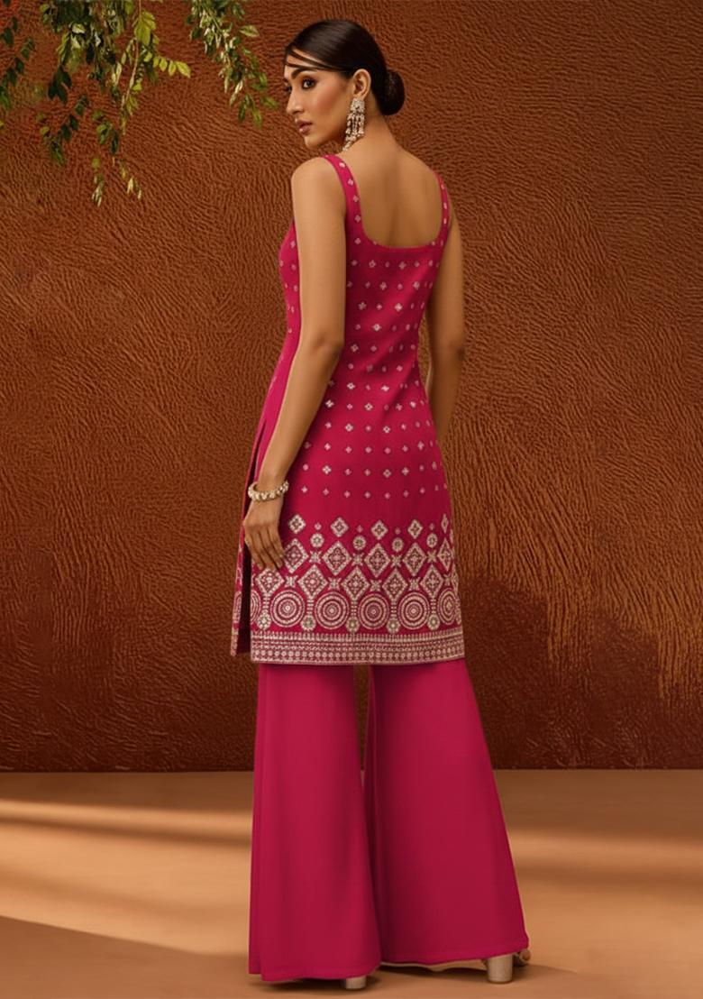 Rani Pink Embroidered Georgette Sharara Set - Indya