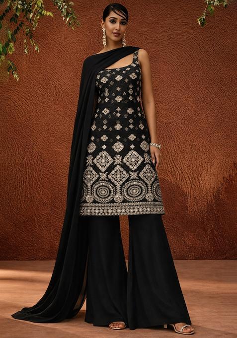 Black Embroidered Georgette Sharara Set