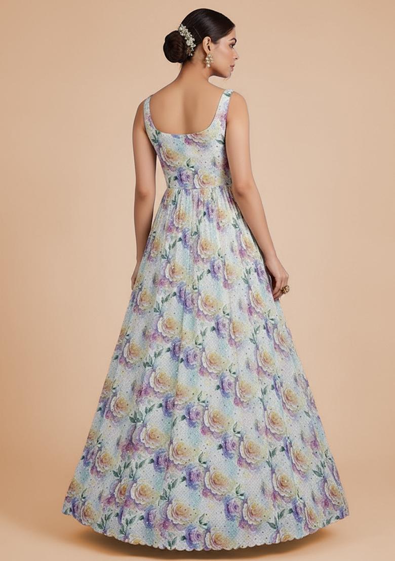 Off White Georgette Anarkali With Dupatta - Indya