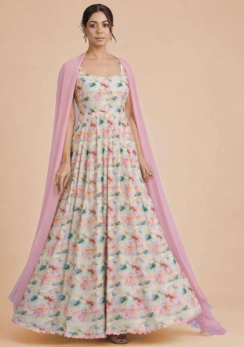 Pink Georgette Anarkali With Dupatta - Indya