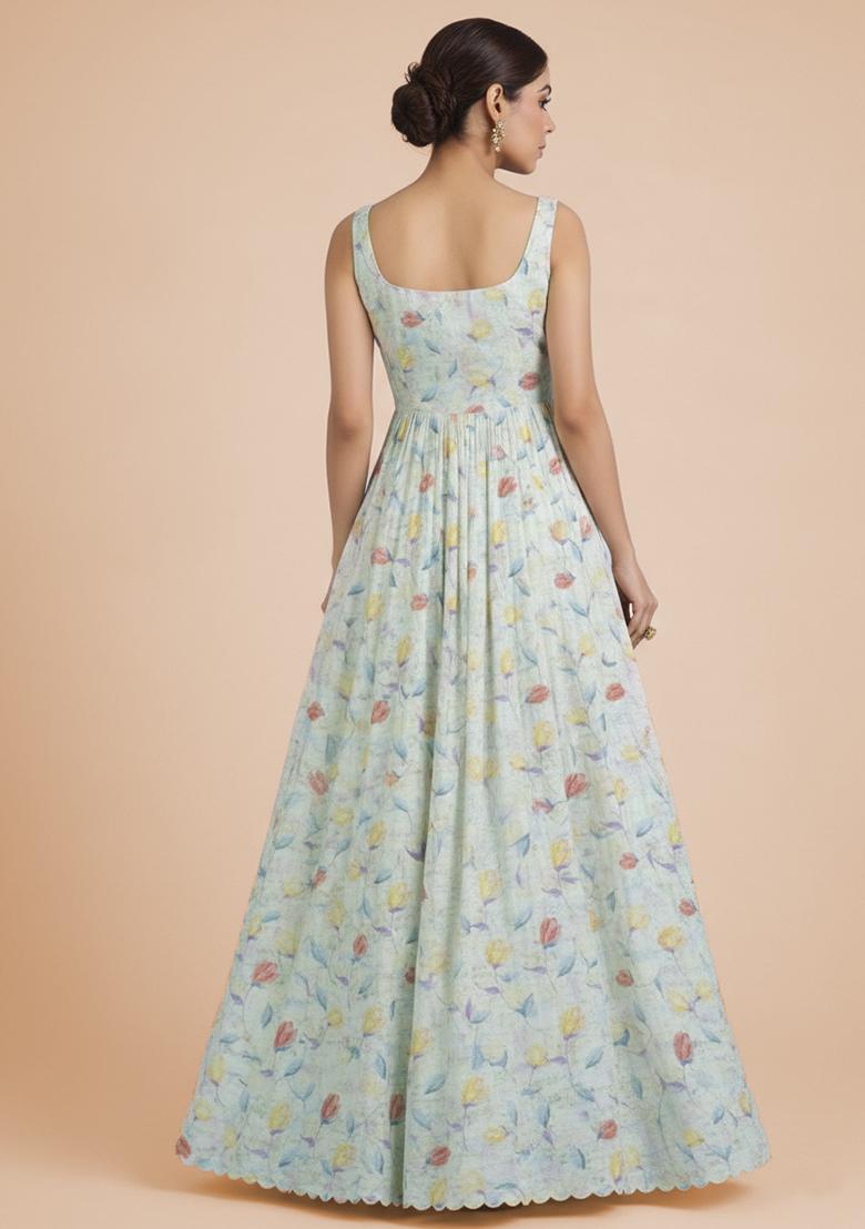 Off White Georgette Anarkali With Dupatta - Indya