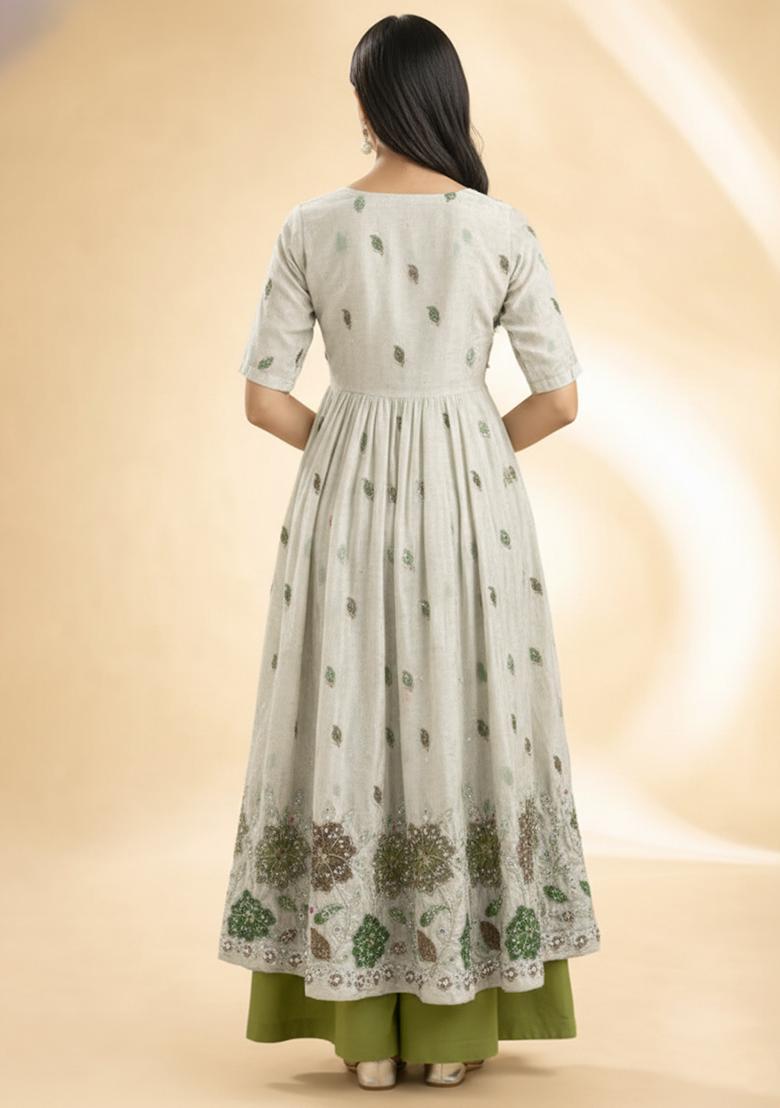Olive Green Sequin Tissue Anarkali Set - Indya