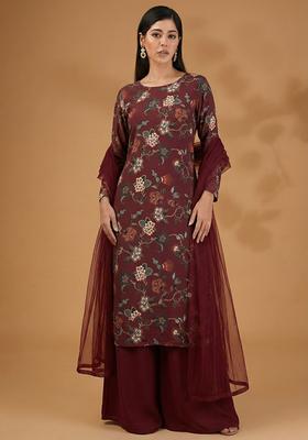 Maroon Floral Print Silk Blend Sharara Set