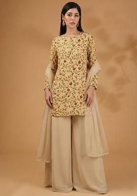 Cream Floral Print Silk Blend Sharara Set