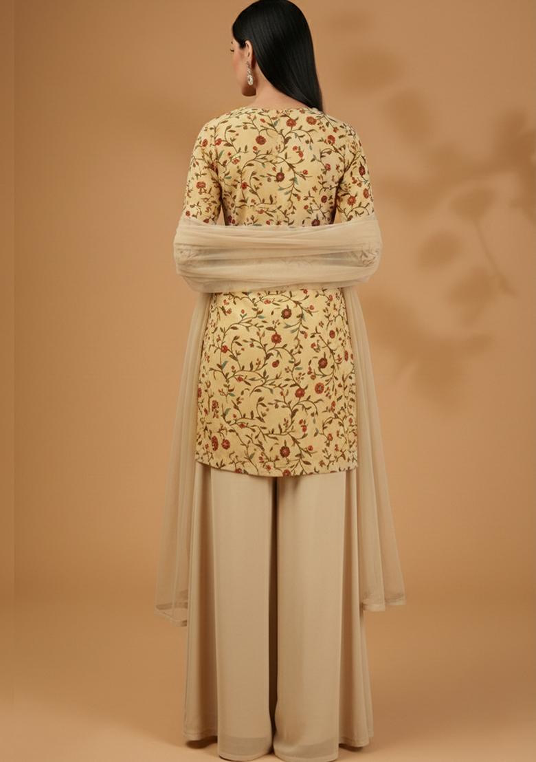 Cream Floral Print Silk Blend Sharara Set - Indya
