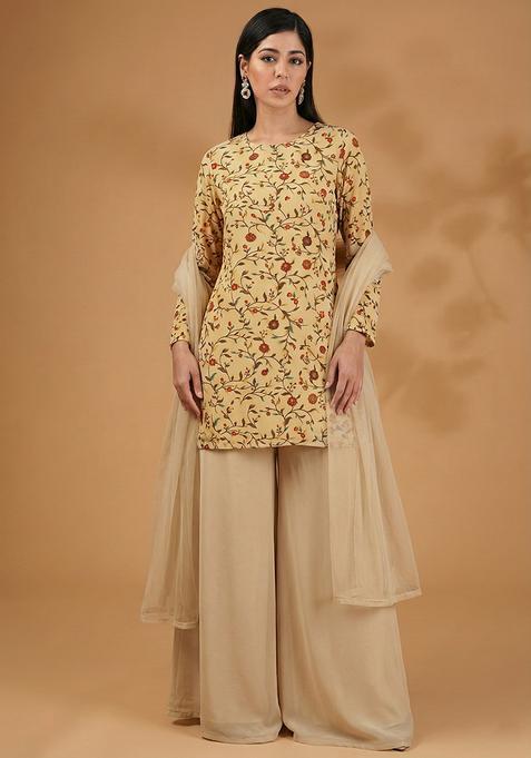 Cream Floral Print Silk Blend Sharara Set