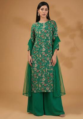 Forest Green Floral Print Silk Blend Sharara Set