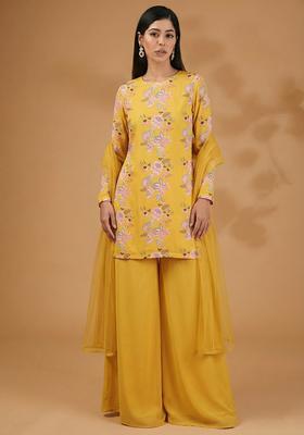 Butter Yellow Floral Print Silk Blend Sharara Set