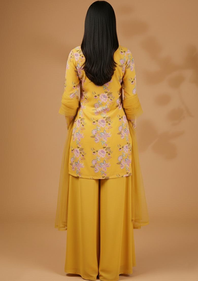 Butter Yellow Floral Print Silk Blend Sharara Set - Indya