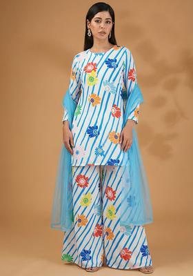 Sky Blue Floral Print Silk Blend Sharara Set