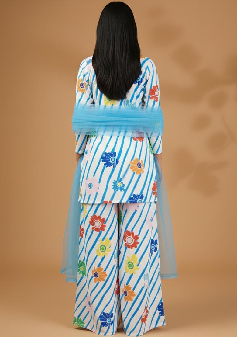 Sky Blue Floral Print Silk Blend Sharara Set - Indya