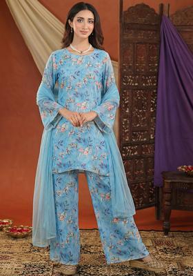 Powder Blue Floral Print Silk Blend Sharara Set