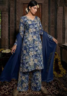 Navy Blue Embroidered Silk Blend Straight Kurta Set