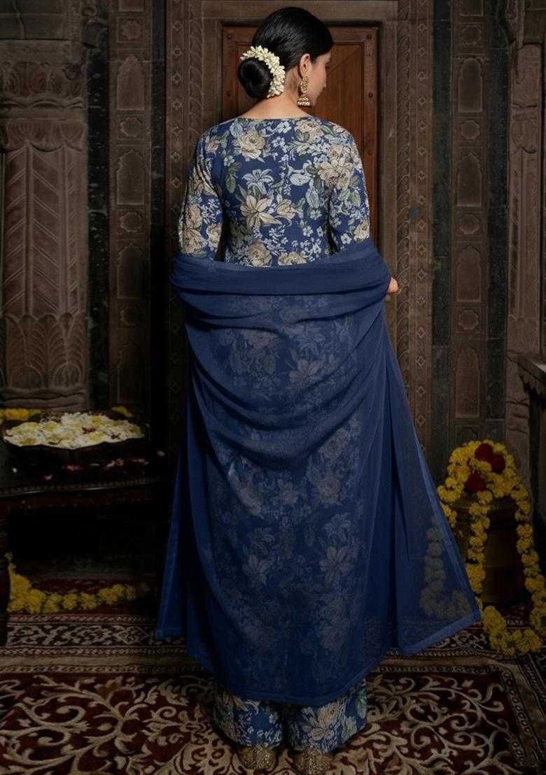 Navy Blue Embroidered Silk Blend Straight Kurta Set - Indya