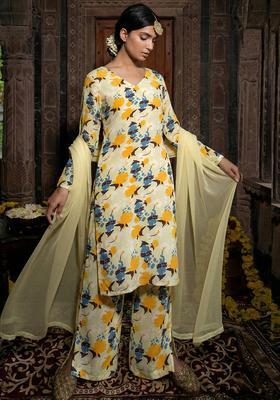 Light Yellow Floral Print Silk Blend Straight Kurta Set
