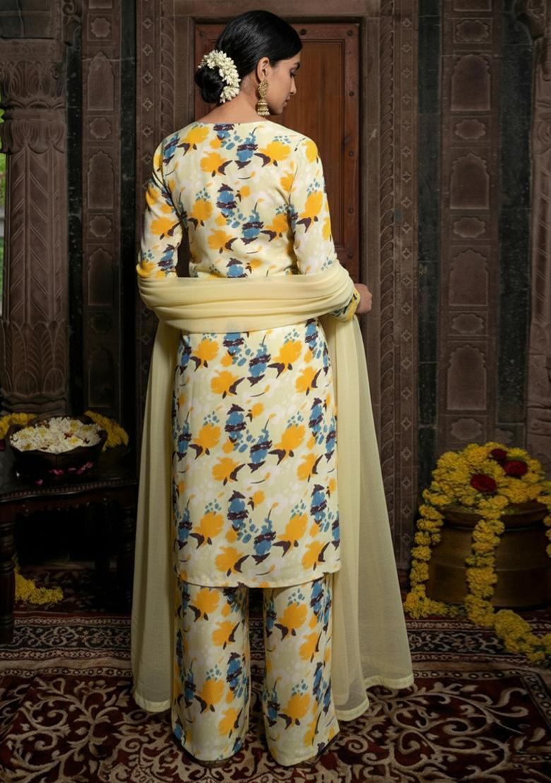 Light Yellow Floral Print Silk Blend Straight Kurta Set - Indya