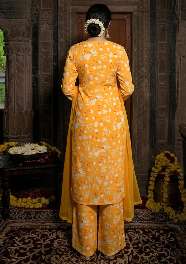 Bright Yellow Floral Print Silk Blend Straight Kurta Set - Indya