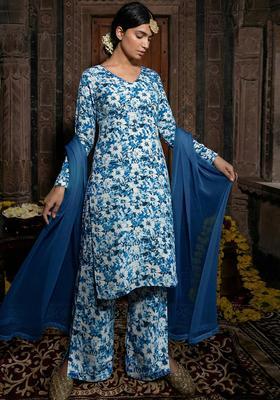 Navy Blue Floral Print Silk Blend Straight Kurta Set