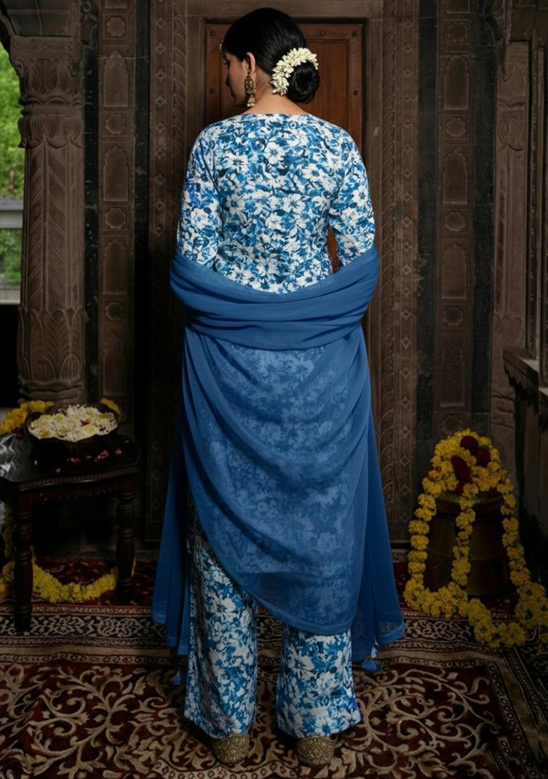 Navy Blue Floral Print Silk Blend Straight Kurta Set - Indya