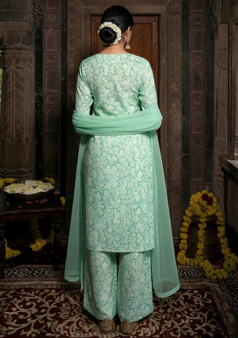 Mint Green Floral Print Silk Blend Straight Kurta Set - Indya
