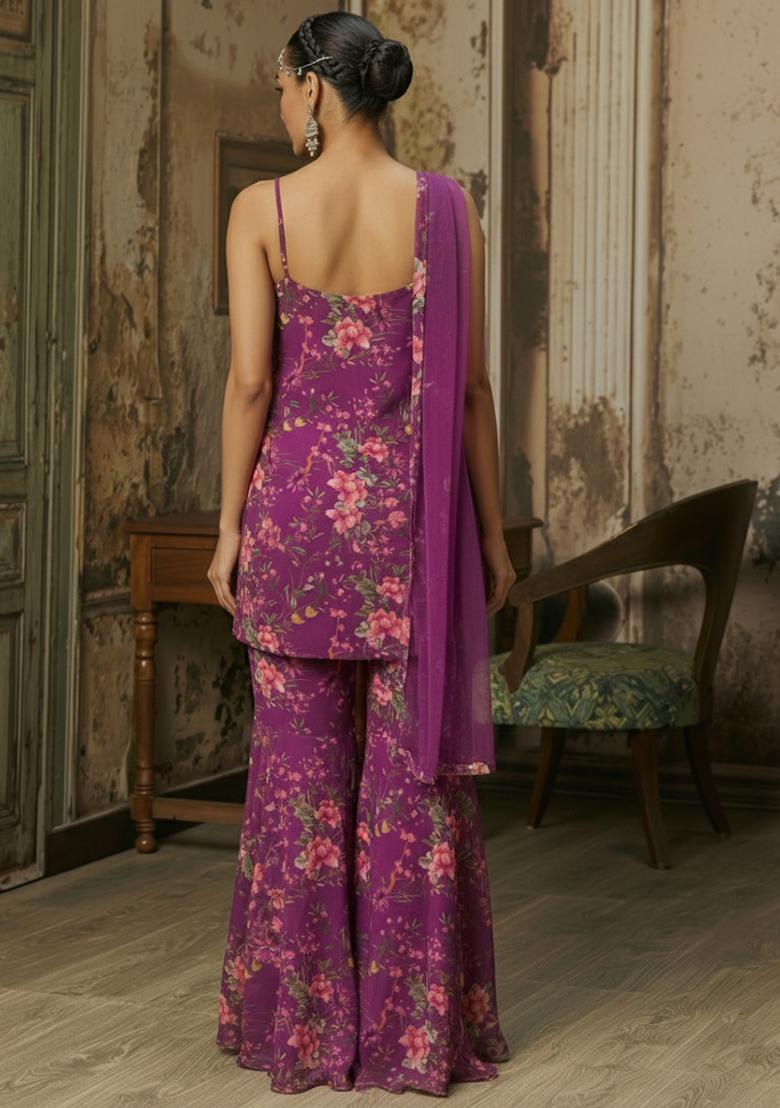 Purple Floral Print Chinon Sharara Set - Indya