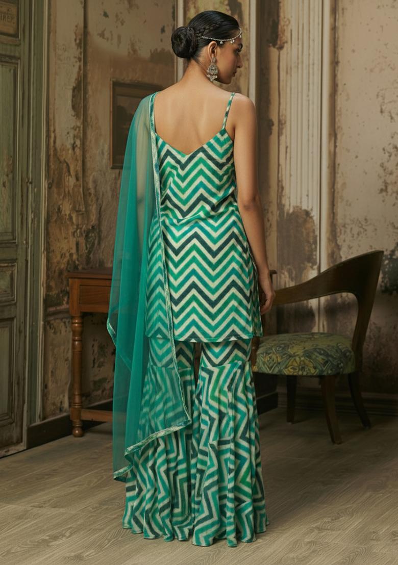 Aqua Blue Abstract Print Chinon Sharara Set - Indya