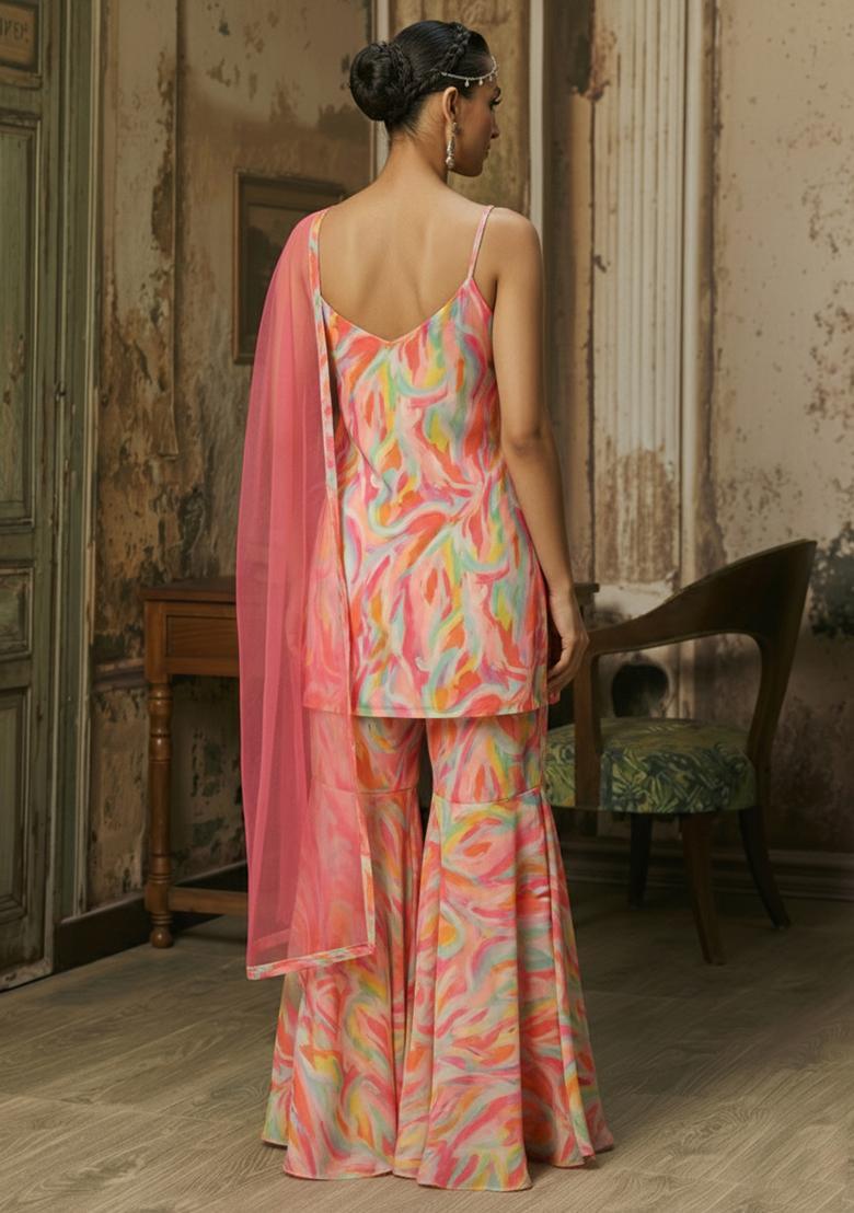 Soft Pink Abstract Print Chinon Sharara Set - Indya