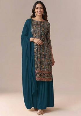 Teal Blue Embroidered Crepe Sharara Set
