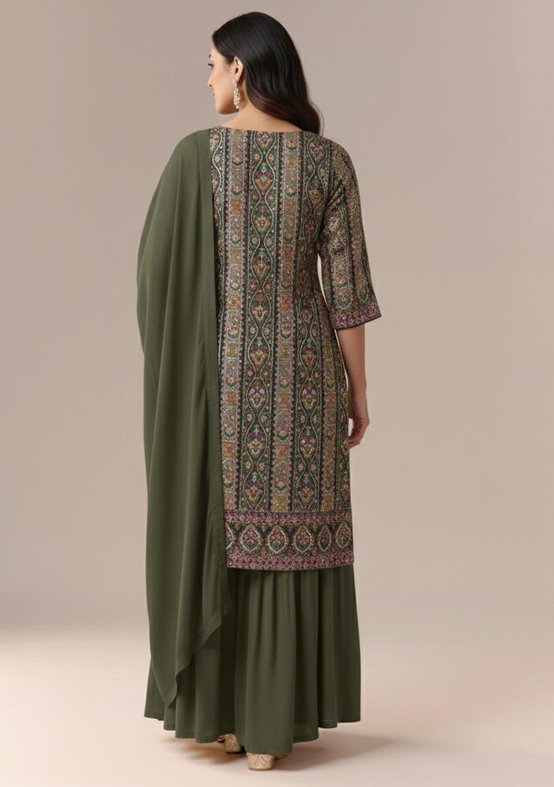 Olive Green Embroidered Crepe Sharara Set - Indya