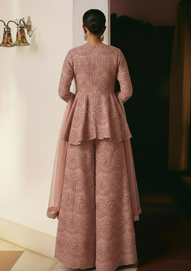 Blush Pink Embroidered Net Sharara Set - Indya