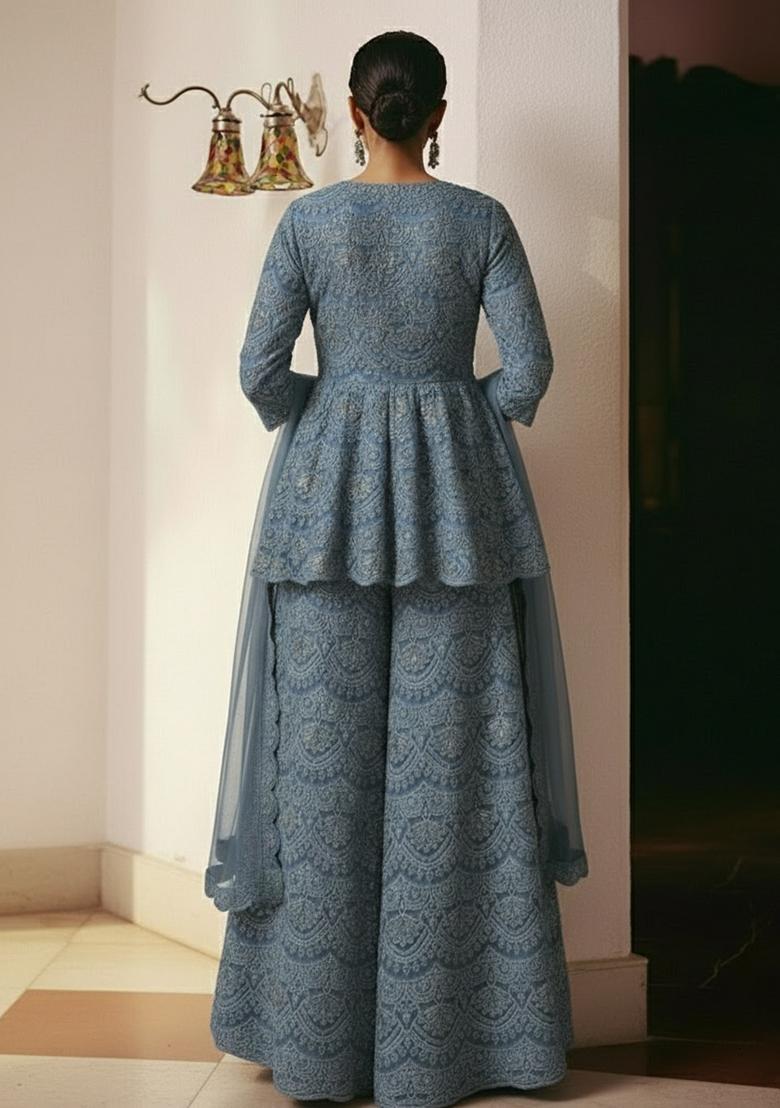Dusty Blue Embroidered Net Sharara Set - Indya