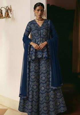 Navy Blue Embroidered Net Sharara Set