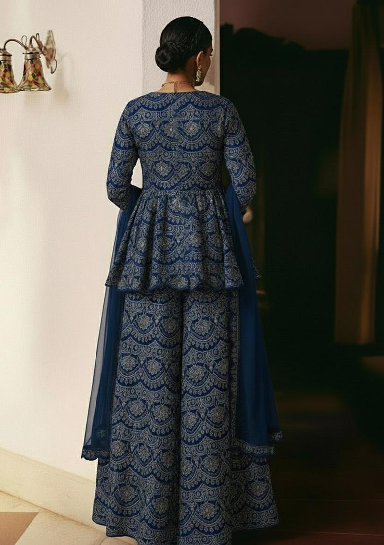 Navy Blue Embroidered Net Sharara Set - Indya
