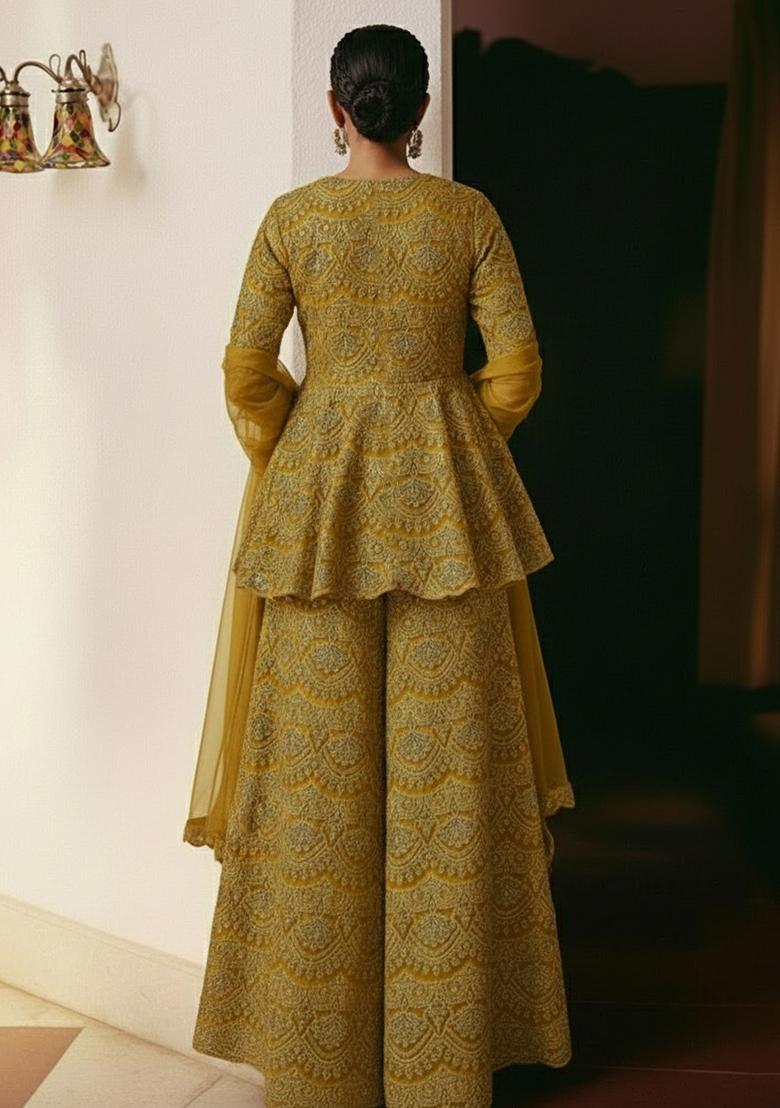 Mustard Embroidered Net Sharara Set - Indya